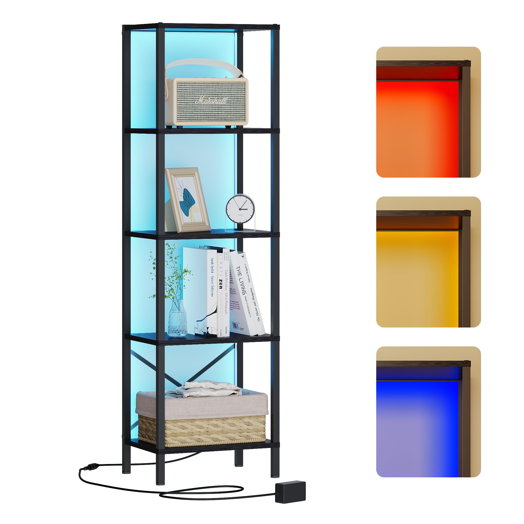 JARHETUN 5-Tier Bookshelf, Tall Narrow Bookcase with LED Lights, Book Shelf with Steel Frame, Display Storage Shelf for Living Room, Bedroom, Home Office, Study, Balcony, Black