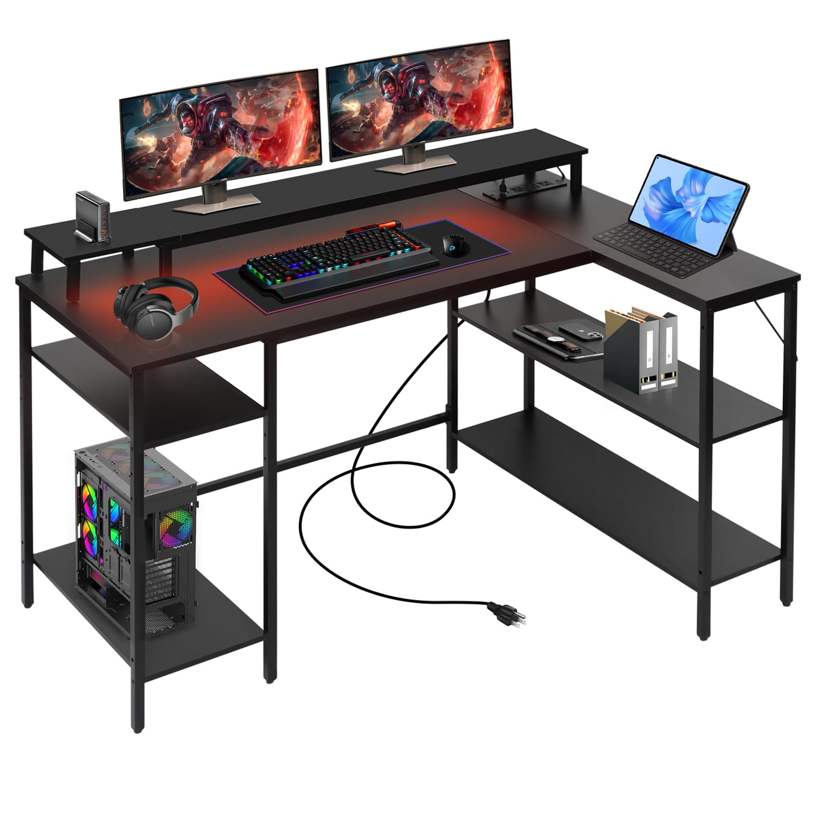 Panana L Shaped Gaming Desk with LED Lights & Power Outlets, Reversible Computer Desk with Stand & Shelves, Corner Desk Home Office Desk with USB Charging Port (Black)