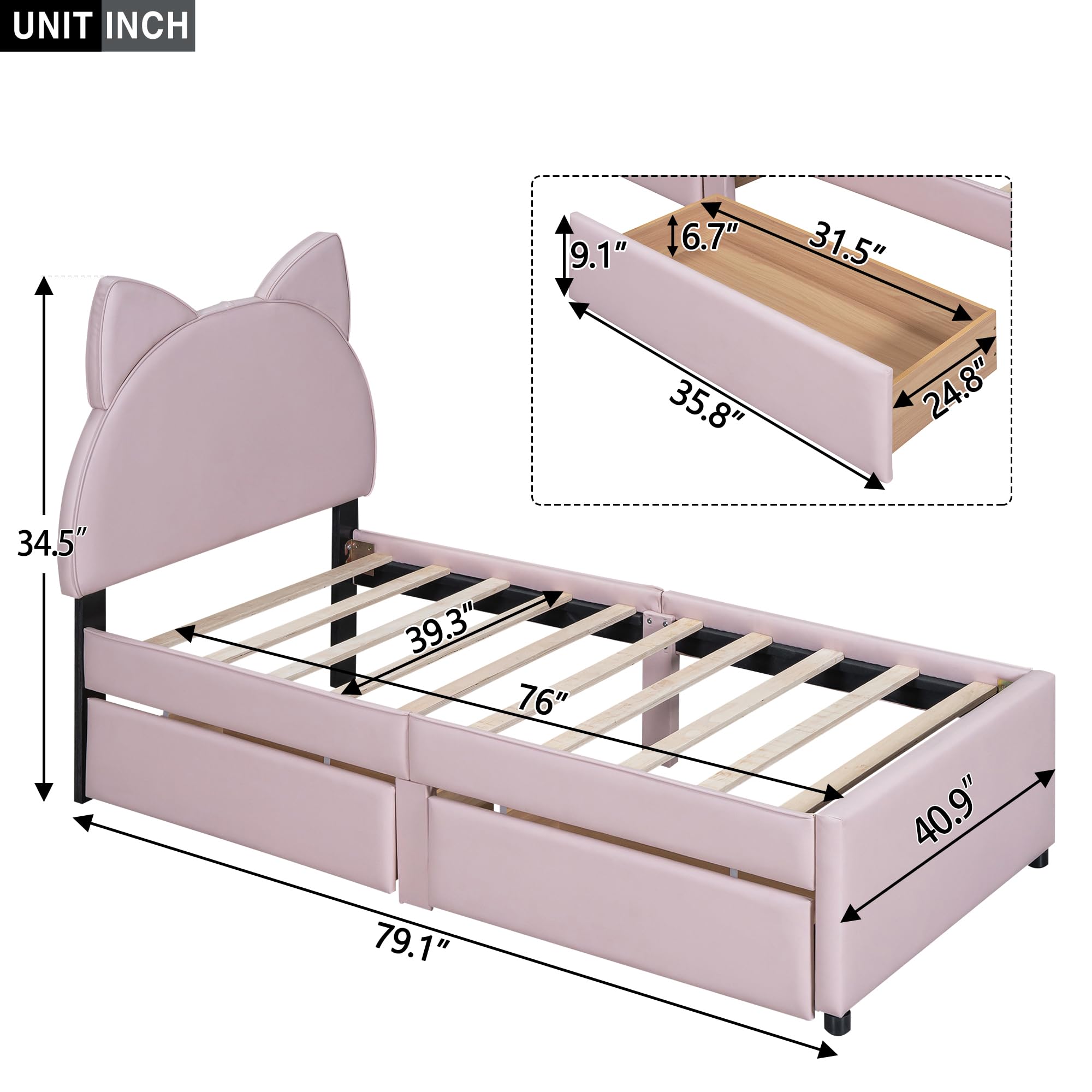 NCKMYB Twin Size Upholstered Bed for Kids, PU Leather Girl's Platform Bed with Cat Ears Shaped Headboard, Low Kids Bed Princess Bed for Girl Toodler Junior, Pink