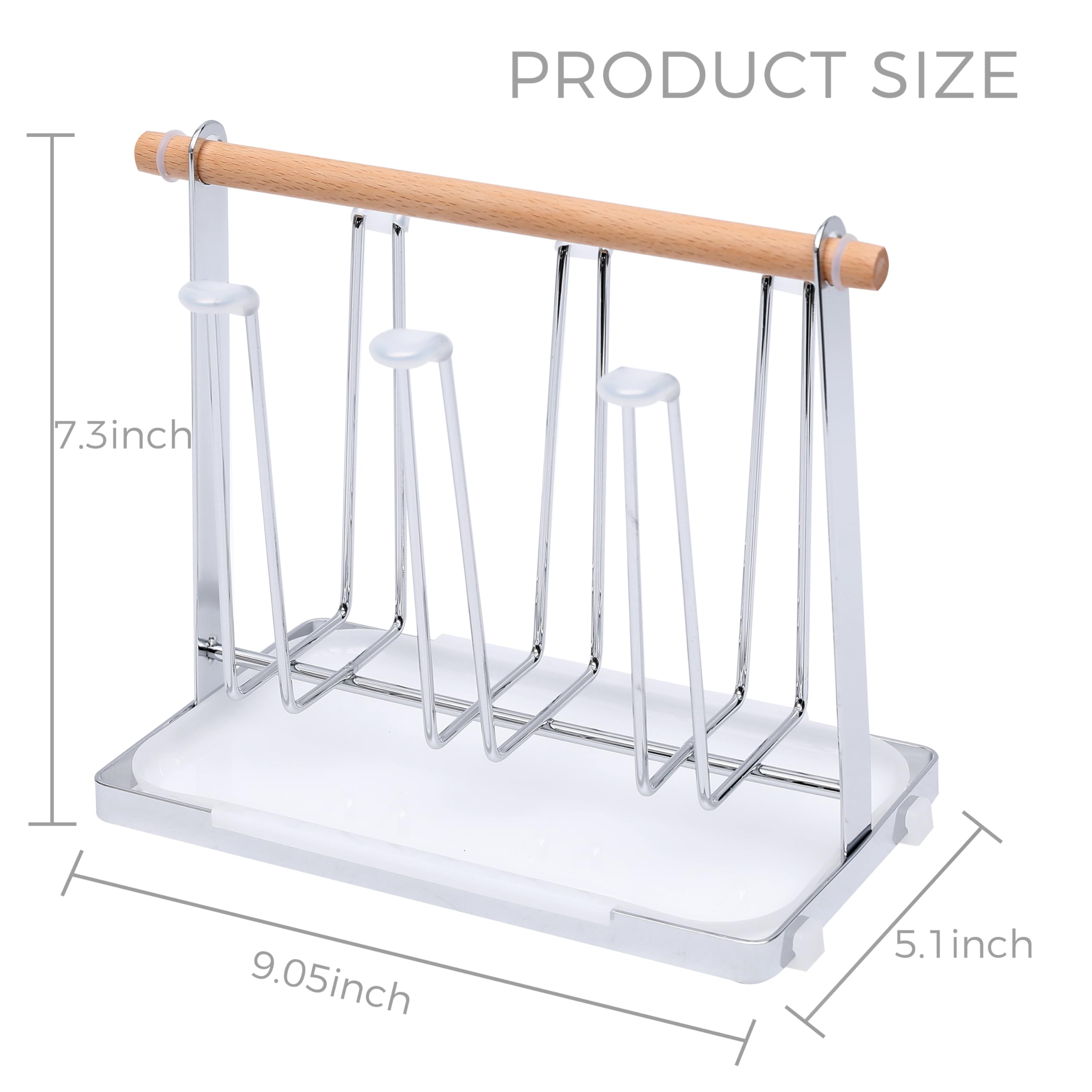 POCHOIO Cup Drying Rack for Countertop,Stainless Steel Bottle and Mug Drying Rack with Wooden Handle-Countertop Organizer for Mugs, Glasses, and Bottles,Silver