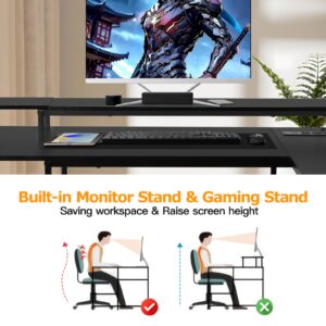 Panana L Shaped Gaming Desk with LED Lights & Power Outlets, Reversible Computer Desk with Stand & Shelves, Corner Desk Home Office Desk with USB Charging Port (Black)