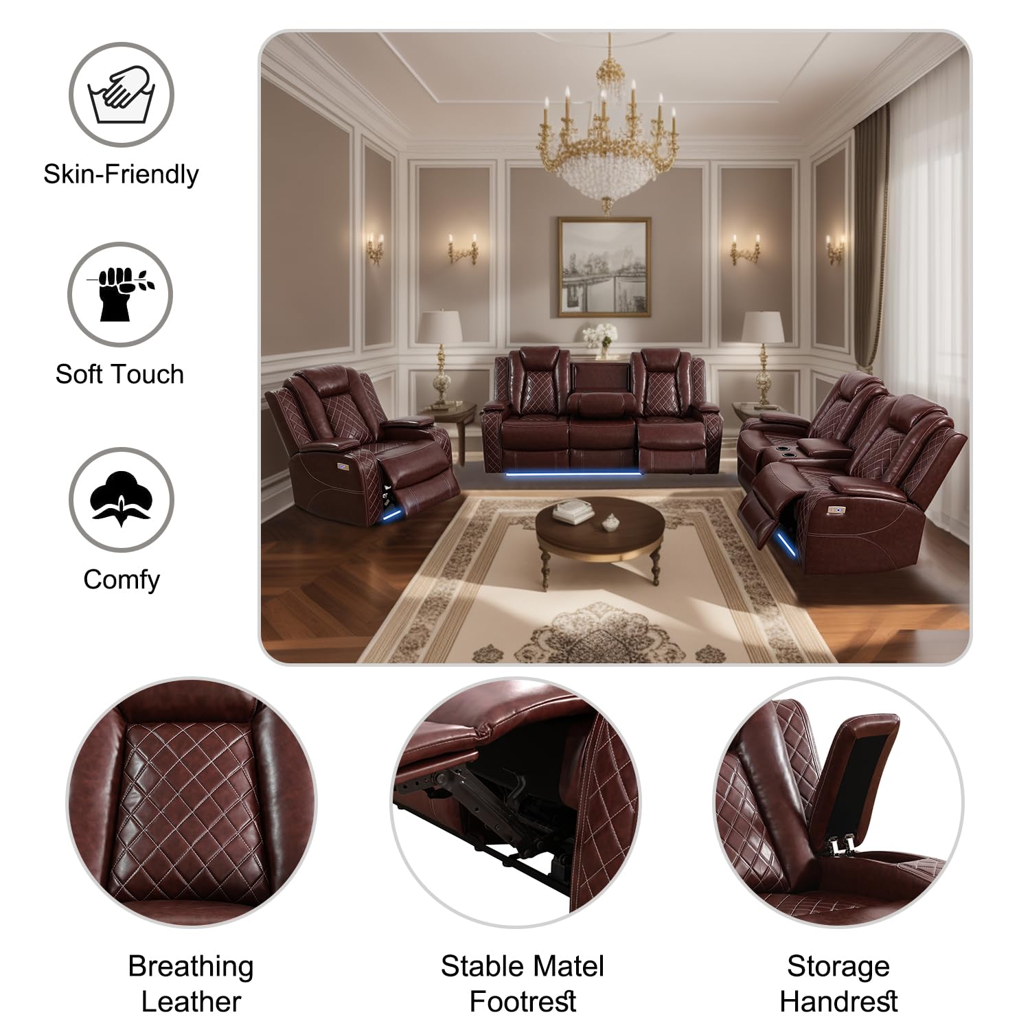 GEBADOL Power Reclining Sofa Set, Living Room Furniture Set with USB Ports, Leather Recliner Couches Set for Living Room/Apartment/Office/Home Theather (Burgundy, Sofa)