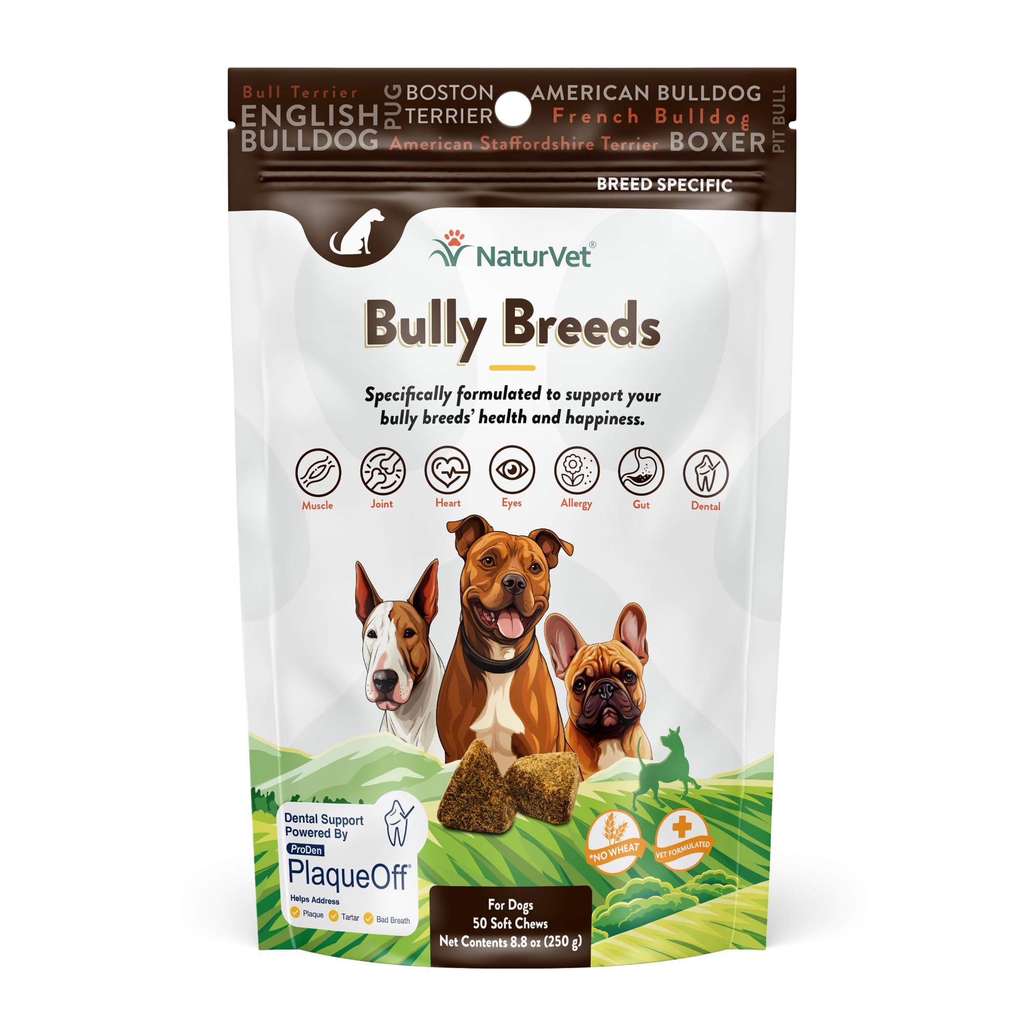 NaturVet Bulldog Breed Supplement- for Joint Support, Digestion, Skin, Coat Care- Dog Multivitamins with Minerals, Omega-3, PlaqueOff- Wheat-Free Vitamins for Dogs- Bully Breeds- 50 Soft Chews