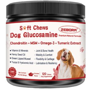 glucosamine for dogs, joint supplement for dogs with chondroitin, msm, omega-3, turmeric and vitamins for pain relief, dog joint supplement with calcium and phosphorus for bone health, 120 soft chews