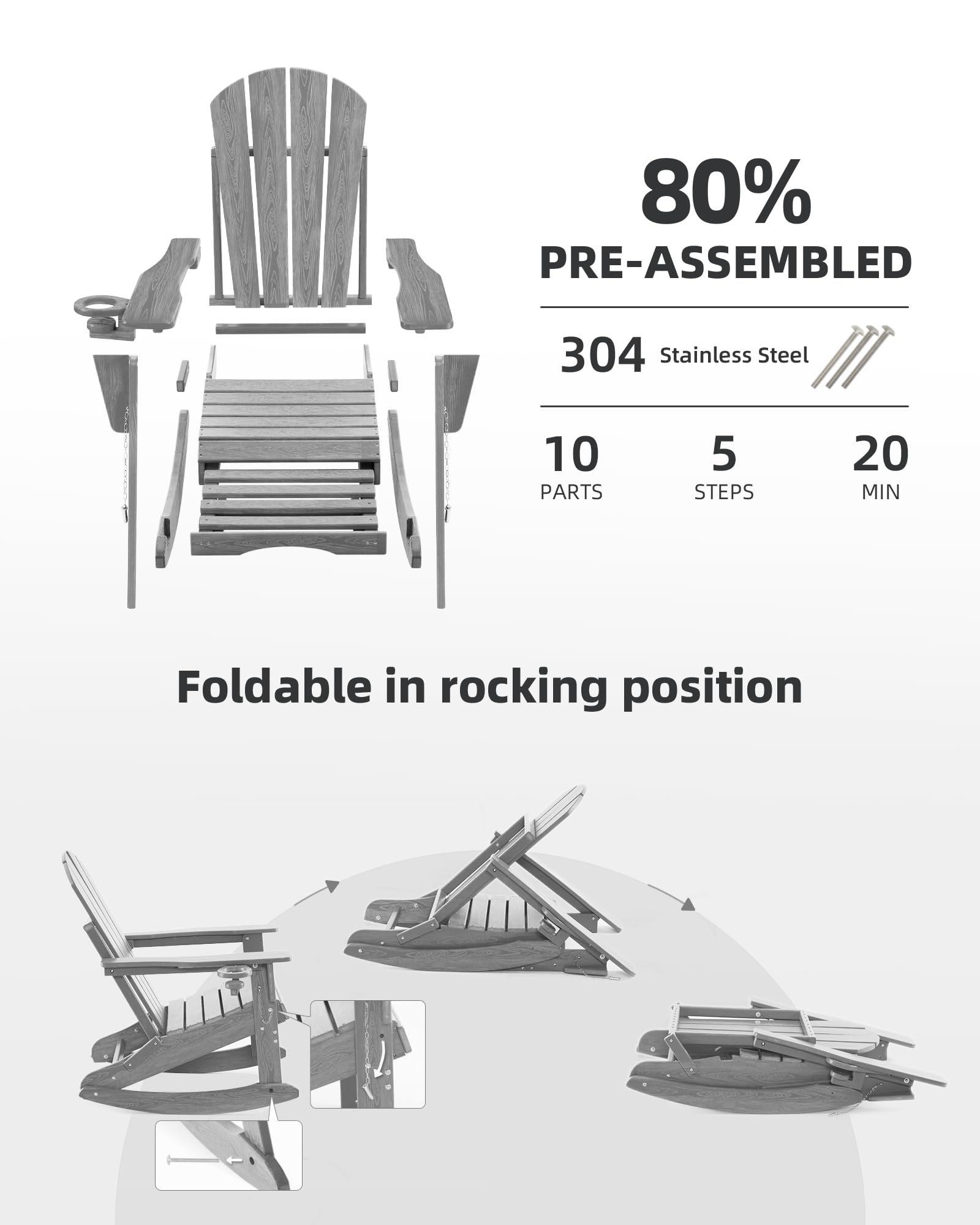 Serique Folding Adirondack Rocking Chair,4-in-1 Multifunctional Patio Chair with Retractable Ottoman, Outdoor Chair Wood Texture, Lawn Chair for Porch, Backyard, Pool(Grey)