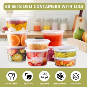 Ezalia Deli Containers with Lids 50 Sets - Pint Plastic Soup Containers 16oz 8oz Clear Food Storage Containers with Lids Leakproof, Reusable Take Out for Restaurant, Microwave/Freezer/Dishwasher Safe