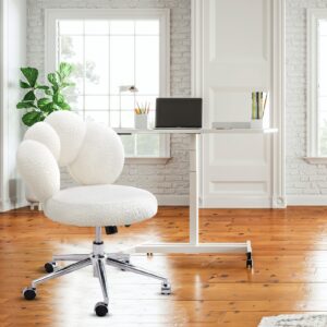 Home Office Chair, Criss Cross Chair with Wheels, Cross Legged Office Chair Armless Desk Chair with Height Adjustable, 360 Swivel Fabric Vanity Chair for Home, Office, Small Space, Bed Room, White