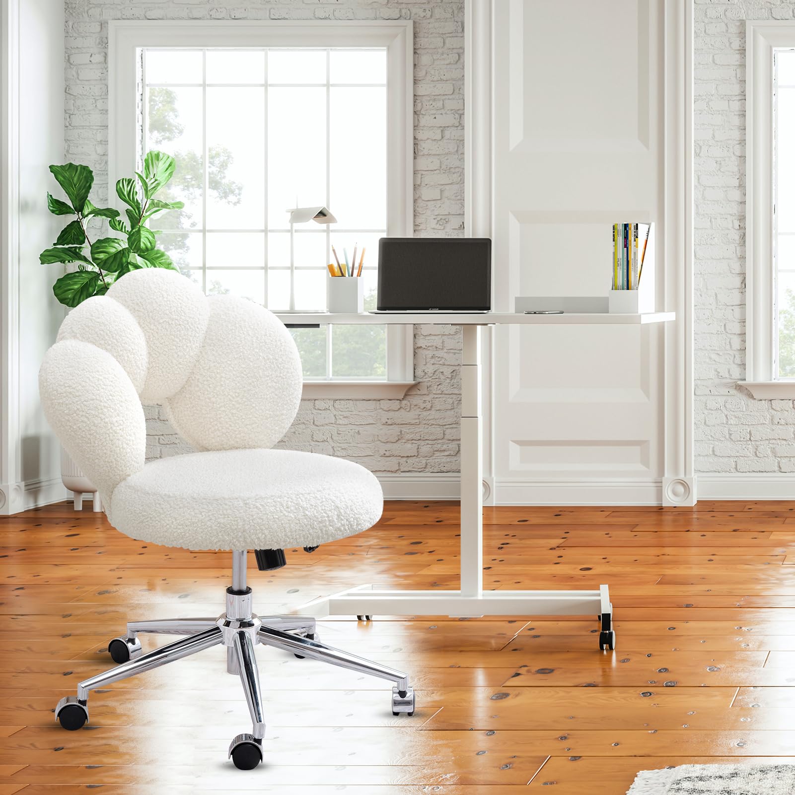 Home Office Chair, Criss Cross Chair with Wheels, Cross Legged Office Chair Armless Desk Chair with Height Adjustable, 360 Swivel Fabric Vanity Chair for Home, Office, Small Space, Bed Room, White