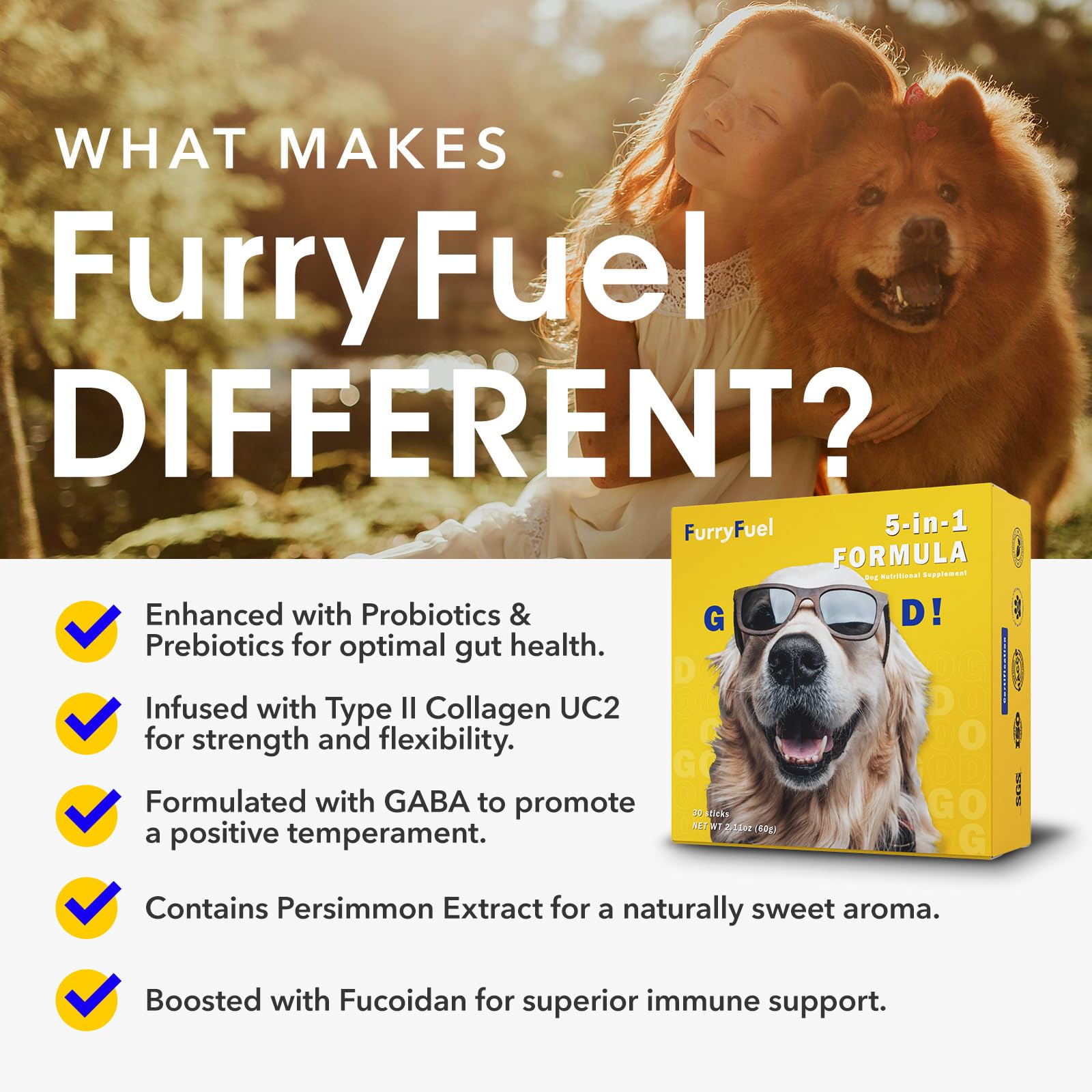 FurryFuel Health Supplements Powder for Dogs - 5-in-1 Formula - for Digestive Gut Health Care, Joint Support, Breath, and Enhanced Immunity Made from Probiotics and Prebiotics | Pet Vitamins 30 Count