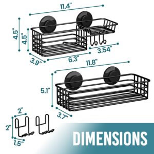 TAILI Shower Caddy Suction Cup 2 Pack with Hooks & Soap holder, Heavy Duty Shower Organizer for Bathroom, No Drilling Black Shower Shelves for Inside Shower, Black Metal Shower Holder