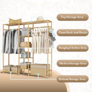 Athena Collection 59" Bamboo Garment Rack Multi Tier Clothes Rack Storage Shelves with Side Hook & Pants Rack, Heavy Duty Clothing Hanging Rack Freestanding Indoor Wardrobe Closet Organizer, Natural