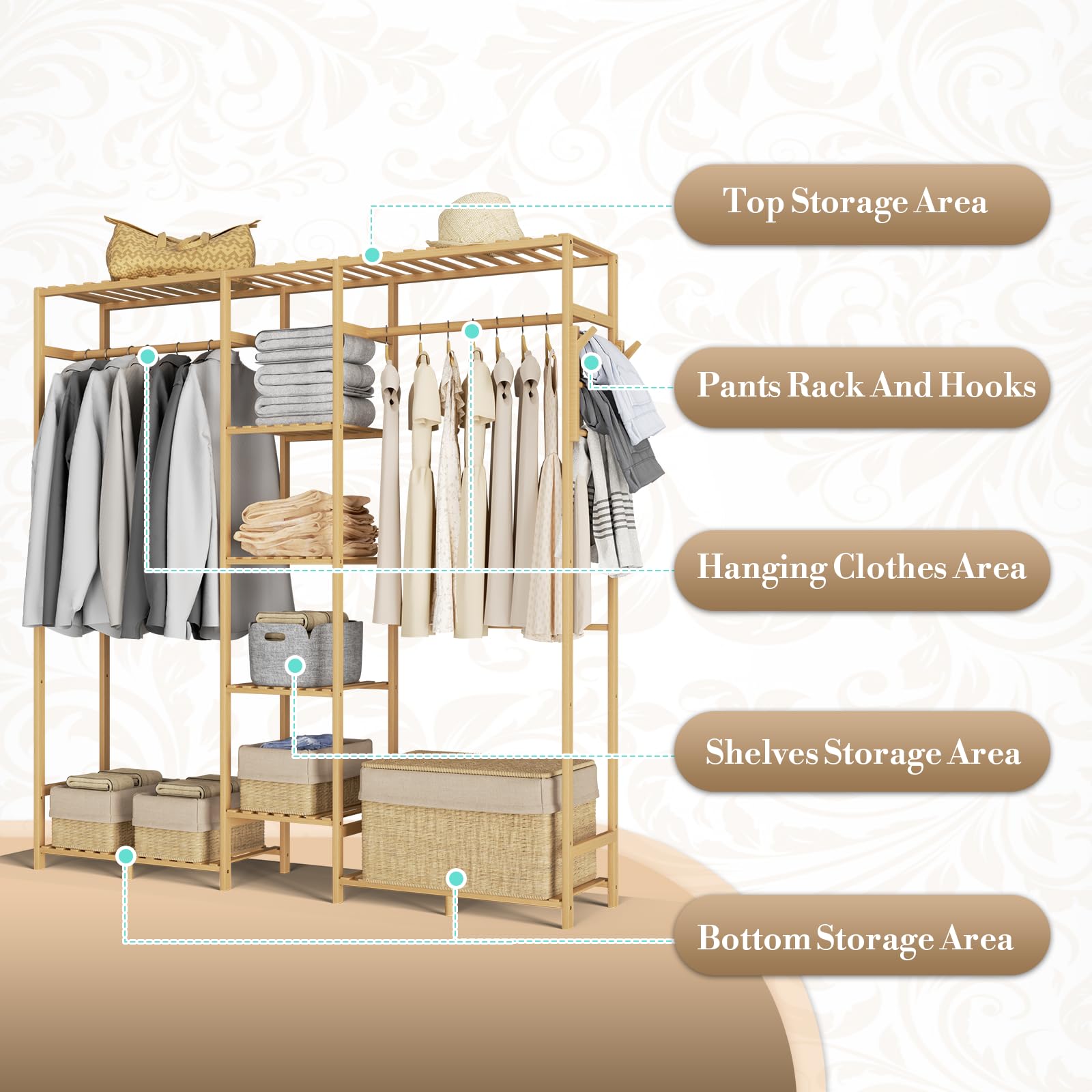 Athena Collection 59" Bamboo Garment Rack Multi Tier Clothes Rack Storage Shelves with Side Hook & Pants Rack, Heavy Duty Clothing Hanging Rack Freestanding Indoor Wardrobe Closet Organizer, Natural