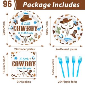 gisgfim 96Pcs Cowboy Baby Shower Plates and Napkins Party Supplies Western Cowboy Party Birthday Tableware Set A Little Cowboy is on the Way Party Decorations for Boy Baby Shower Serves 24