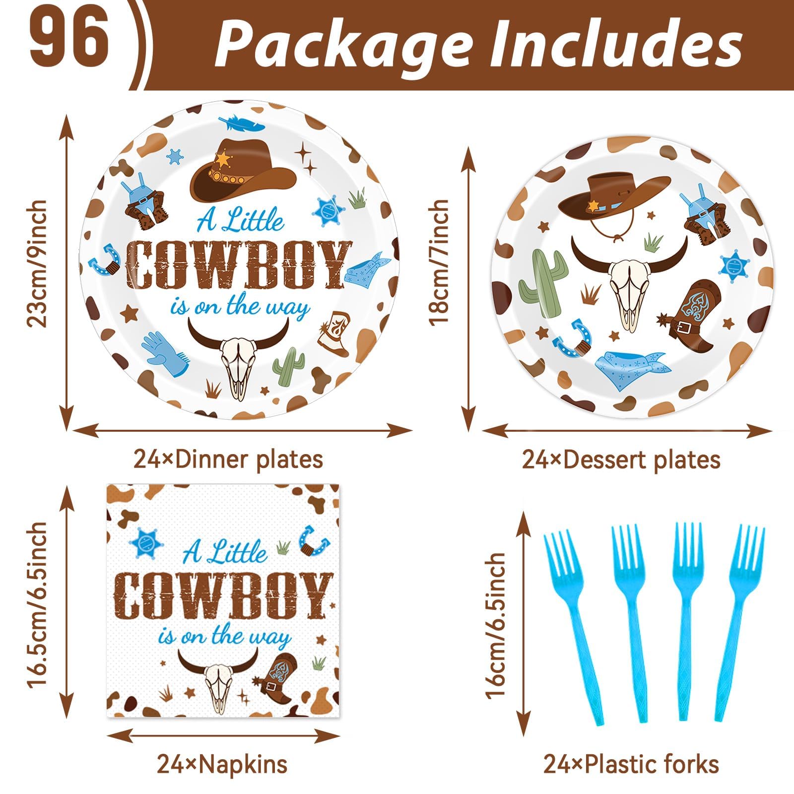 gisgfim 96Pcs Cowboy Baby Shower Plates and Napkins Party Supplies Western Cowboy Party Birthday Tableware Set A Little Cowboy is on the Way Party Decorations for Boy Baby Shower Serves 24