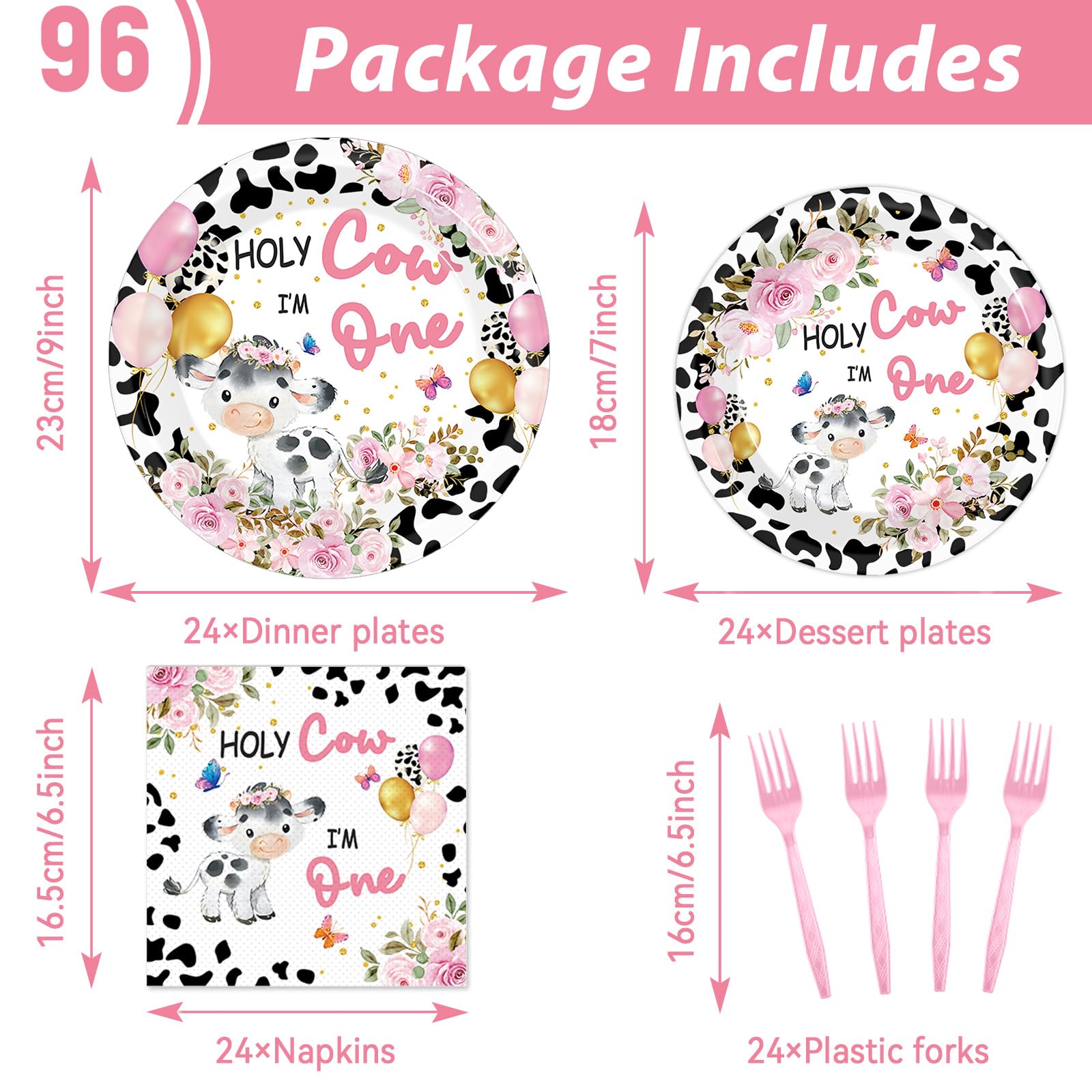 gisgfim 96Pcs Holy Cow I'm One Party Supplies Pink Cow Print Paper Plates Napkins Cow First Party Tableware Set Cow Floral Dinnerware for Girl 1st Birthday Party Table Dinner Decoration Serve 24