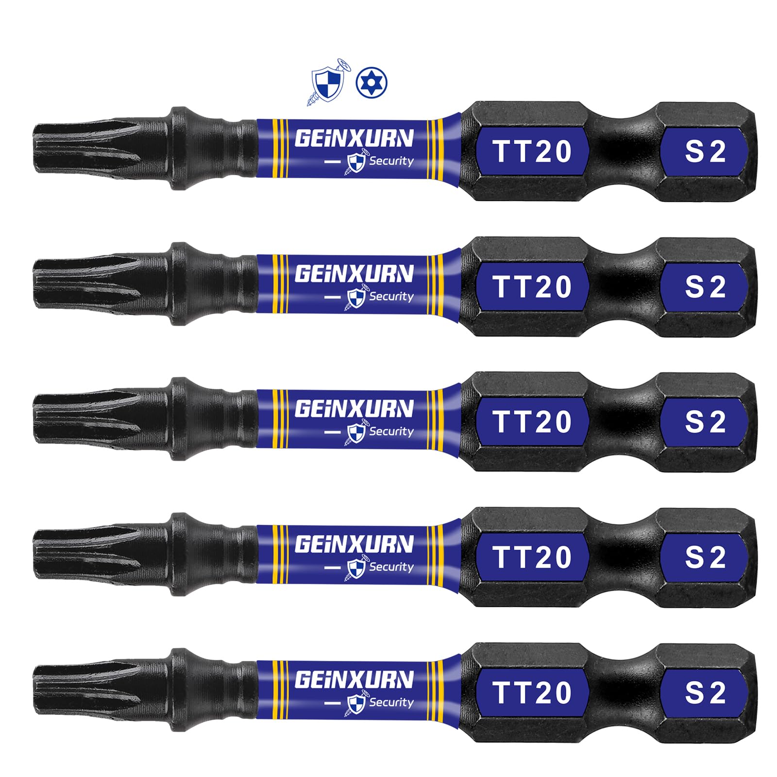 Geinxurn 5 Pieces T20 Hollow 2 In. Impact Tough Magnetic Insert Bit Set, #20 Security Torx Head Power Bits, S2 Alloy Steel Star T20 Screwdriver Bits Set