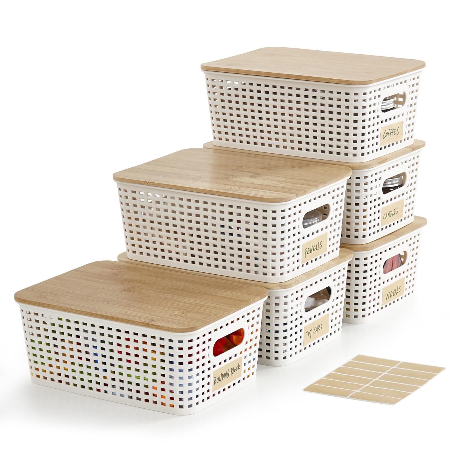 Bagnizer Small Plastic Storage Bins with Bamboo Lids 5.2qt Stackable Box Basket Pantry Decorative Containers Cute with Lable for Organizing Desktop Closet Office Cream White of 6 packs 10*7.2*4.1'’