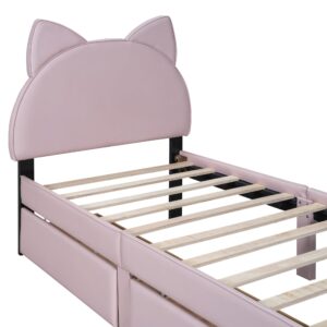 NCKMYB Twin Size Upholstered Bed for Kids, PU Leather Girl's Platform Bed with Cat Ears Shaped Headboard, Low Kids Bed Princess Bed for Girl Toodler Junior, Pink