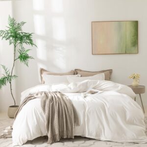 BDEAR Linen Feel Duvet Cover Queen Size, 100% Washed Cotton Comforter Cover Size 90x90inch with Zipper Closure and 2 Pillowcases, Solid-Off White