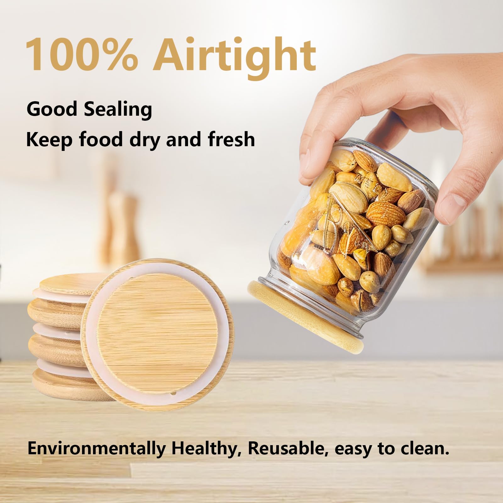 Mason Jar Bamboo Lids, 70mm/2.8 inch Natural Wooden Mason Jar Lids, Food Grade Material Silicone Sealing, 100% Fit and Airtight for Regular Mouth Mason Jars (6PCS Regular Lids)