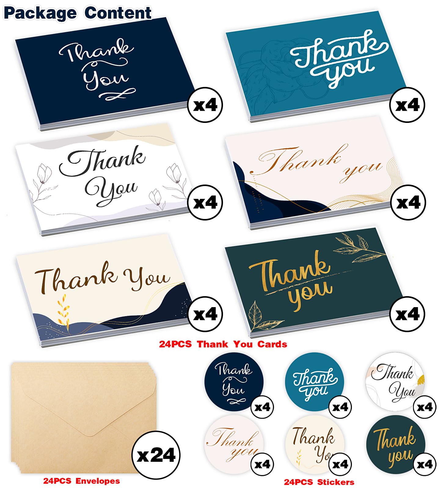 HSHFAMIIY 24 PCS Thank You Cards With Envelopes, 6x4 Inch Thank You Cards with Seal Stickers,Minimalistic Design, Suitable for Business, Baby Shower, Wedding, Small Business, Bridal Shower, etc