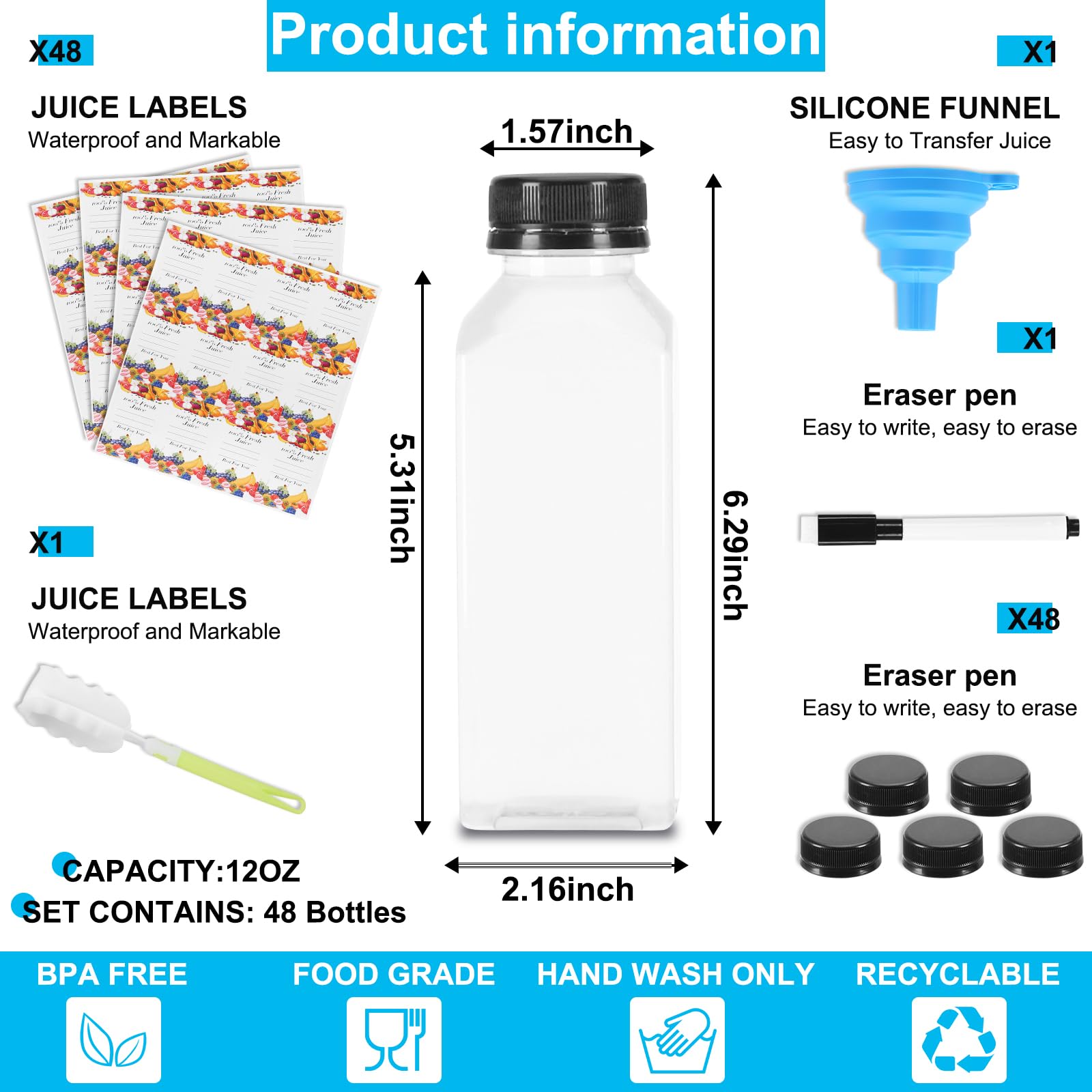 Janisfirst 48Pcs 12 oz Empty Plastic Juice Bottles with Caps,Reusable Clear Homemade Water Bottles Containers with Black Tamper Evident Caps for Juicing, Smoothie, Milk,Drinking and Other Beverages