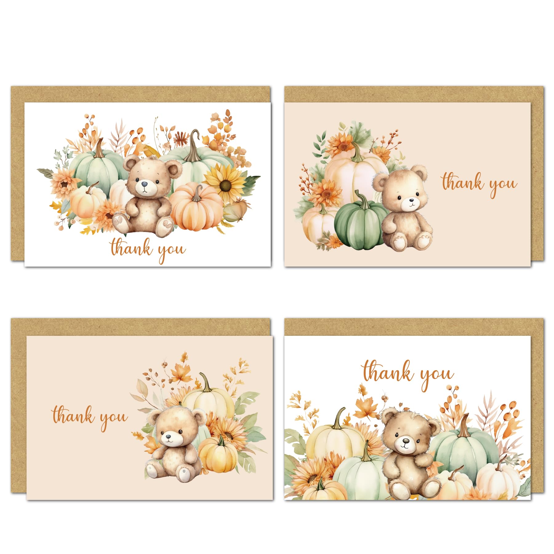 Gooji 4x6 Pumpkin Teddy Bear Thank You Cards with Envelopes Fall Baby Shower Thank You Cards Girl (Bulk 20-Pack) Birthday, Thanksgiving, Woodland,Floral, Boho, Rustic, We Can Bearly Wait