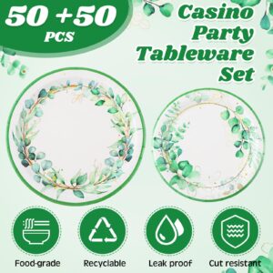 Mumufy 100 Pack Sage Green Paper Plates Eucalyptus Dinner Plates and Greenery Leaves Dessert Plates Spring Summer Decorative Tableware for Wedding Baby Shower Bridal Shower Birthday Party Supplies