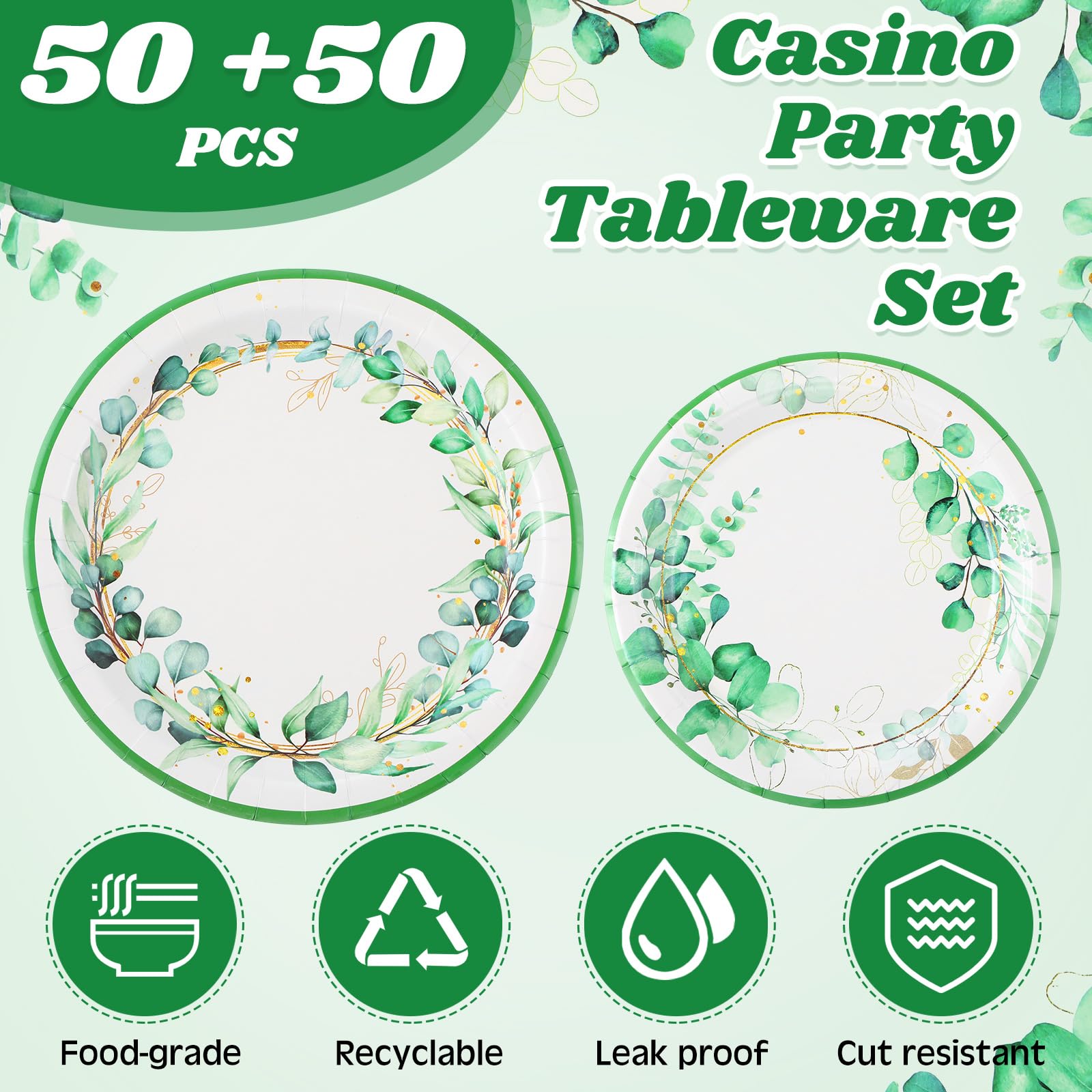 Mumufy 100 Pack Sage Green Paper Plates Eucalyptus Dinner Plates and Greenery Leaves Dessert Plates Spring Summer Decorative Tableware for Wedding Baby Shower Bridal Shower Birthday Party Supplies