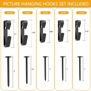 220 Pcs Picture Hangers, 5 Sizes Picture Hanging Kit,10lb, 20lb, 30lb, 50lb,100lb Picture Hanging Hooks, Picture Frame Hangers, Picture Hooks, Frame Hanger Kit for Picture, Canvas, Mirror (Black)