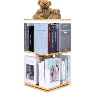 qriocioa rotating bookshelf, 360° display spinning bookshelf, corner bookcases with clear acrylic & solid wood, 2-tier floor standing bookcase narrow shelf book organizer storage rack for bedroom