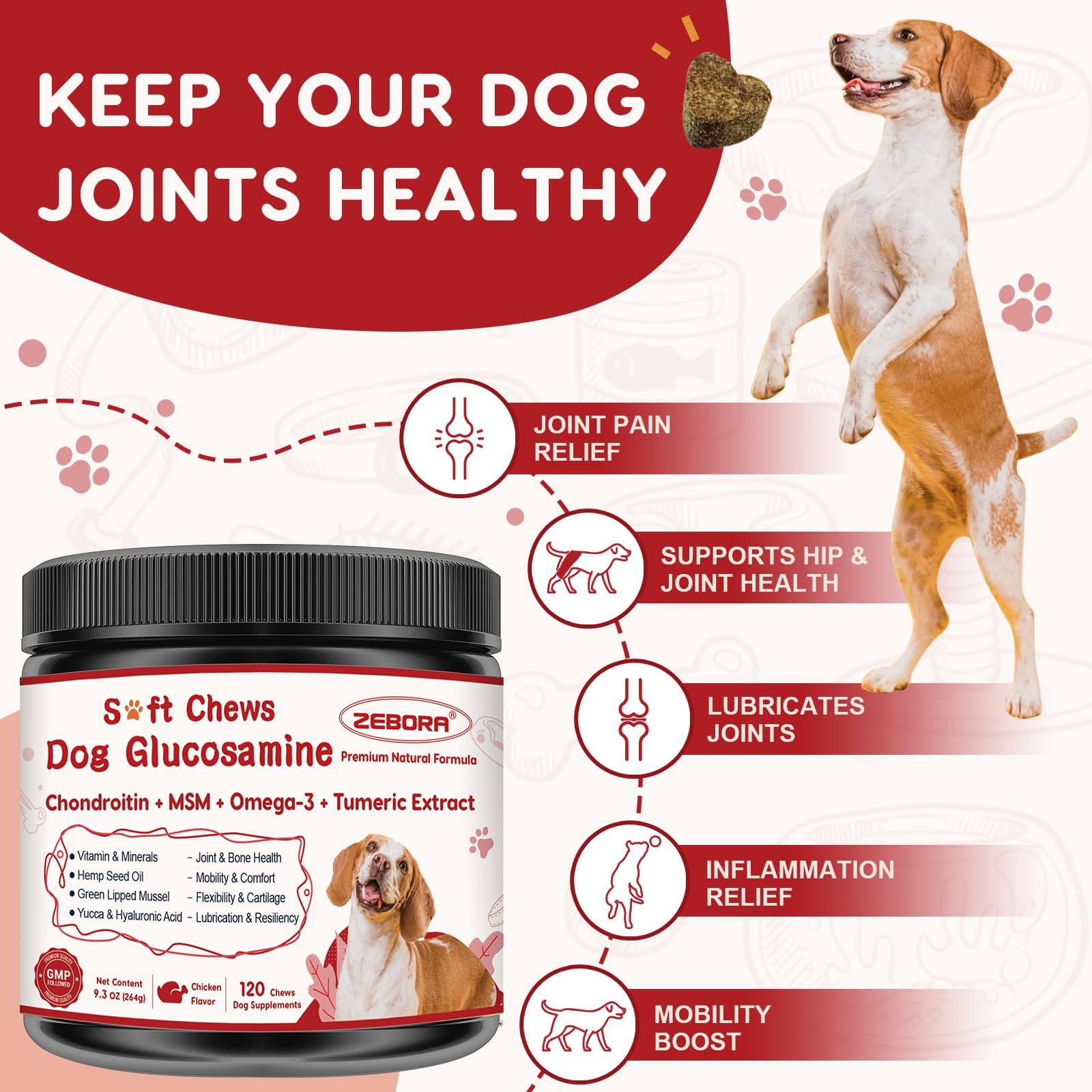 Glucosamine for Dogs, Joint Supplement for Dogs with Chondroitin, MSM, Omega-3, Turmeric and Vitamins for Pain Relief, Dog Joint Supplement with Calcium and Phosphorus for Bone Health, 120 Soft Chews