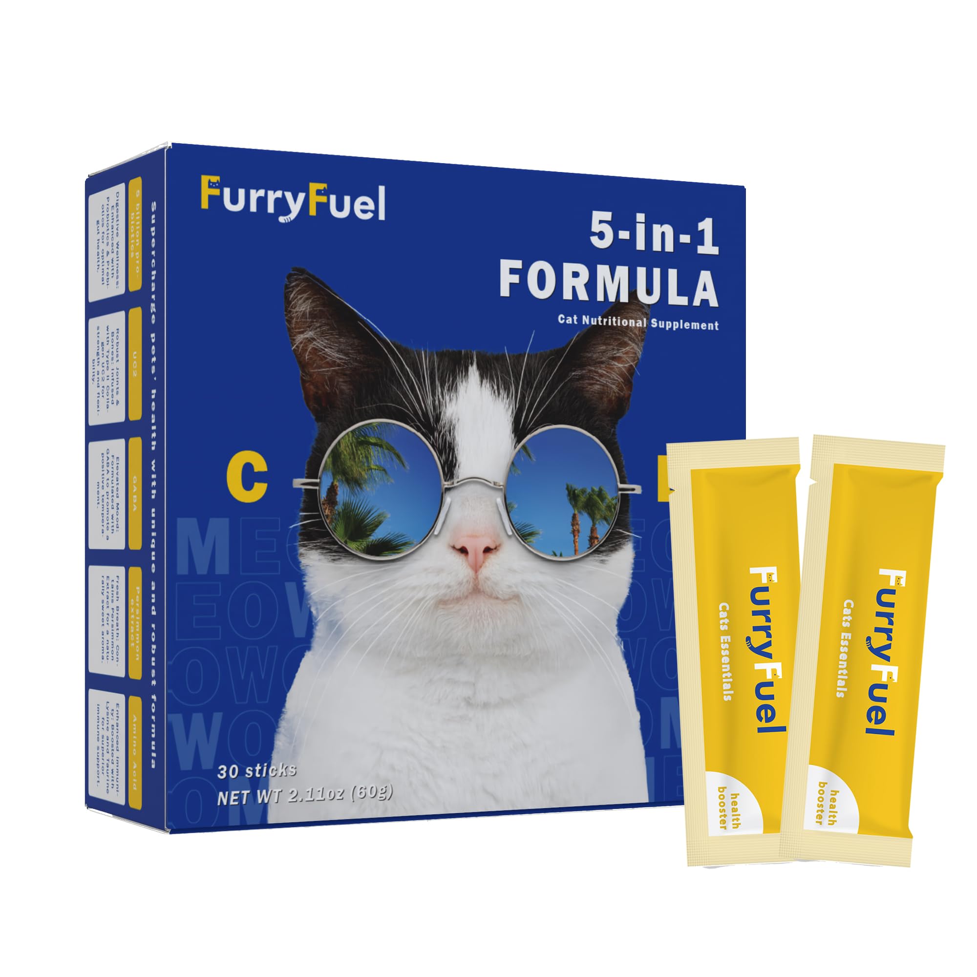 FurryFuel 5-in-1 Cat Probiotic Powder Supplement, Vet-Formulated Probiotics + Prebiotics, 5 Billion CFUs for Digestive Support & Health | Cat Vitamins, Nutritions 30 Sticks (Chicken, No Corn or Wheat)