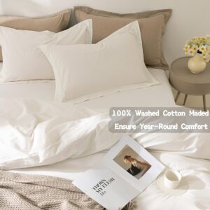 BDEAR Linen Feel Duvet Cover Queen Size, 100% Washed Cotton Comforter Cover Size 90x90inch with Zipper Closure and 2 Pillowcases, Solid-Off White