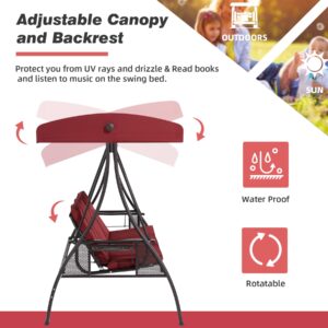 HOMREST 3 Seat Outdoor Porch Swing,Adjustable Canopy Porch Swings,Outdoor Swing with Stand, Patio Glider Chair with Thicken Cushions,Pillow & Cup Holder(Wine Red)