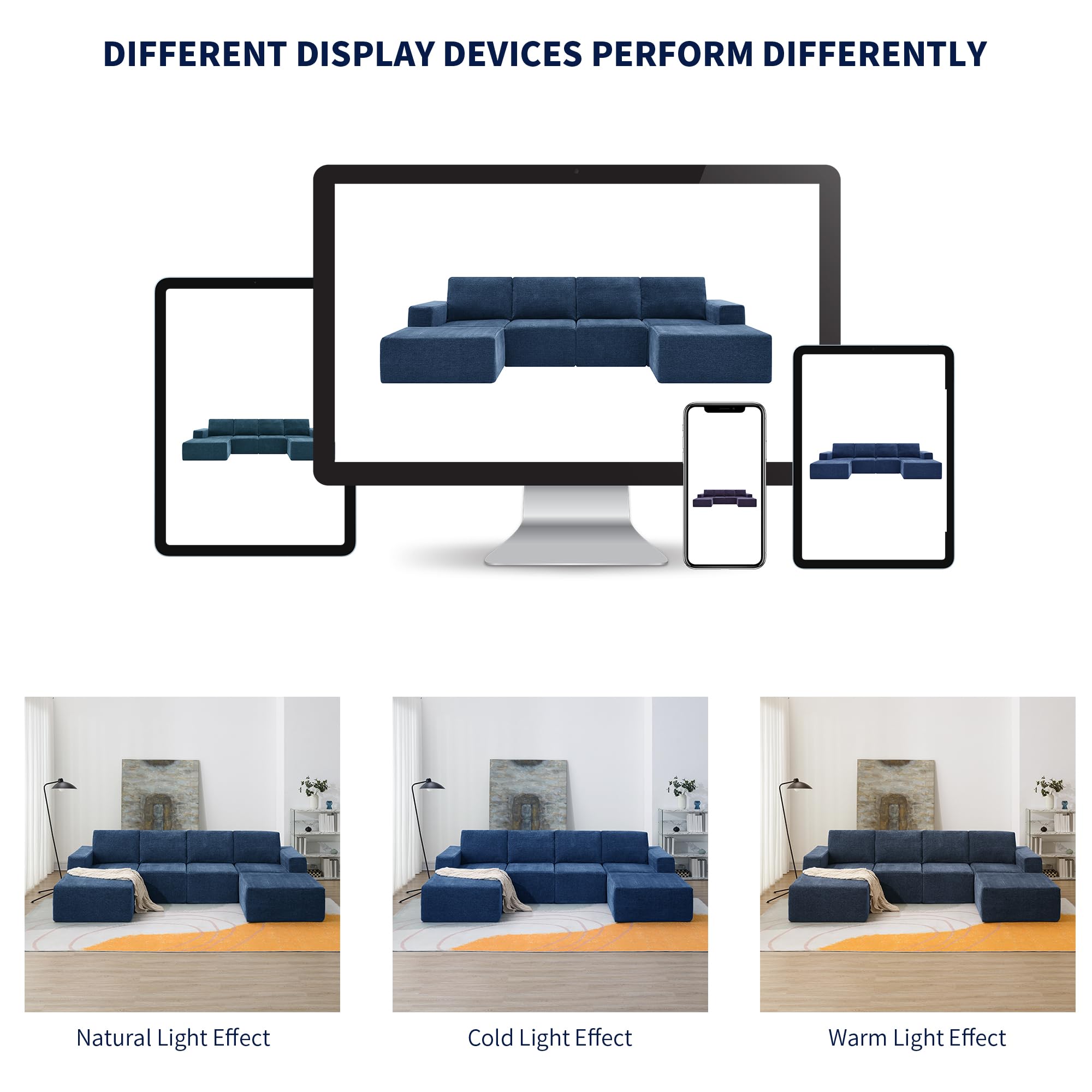 Minimalist Style Modular Sectional Sofa, Luxury Chenille Fabric Cloud Couch with Movable Ottoman, Sleeper Sofa Bed for Living Room, No Assembly Require-Blue