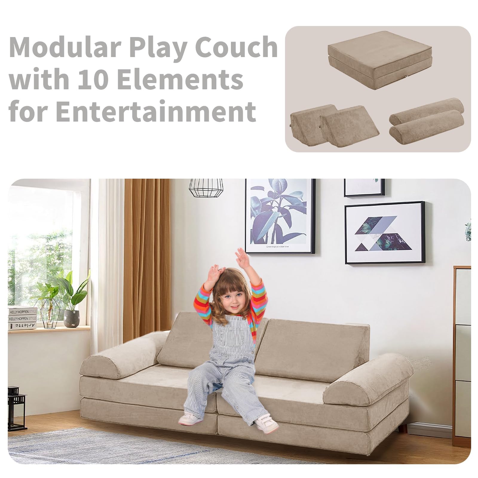 hoopyosms 10 pcs Modular Kids Play Couch, Toddlers Play Couch for Fun Play Time, Convertible Kids Foam Sofa for Playroom Bedroom, Indoor Use