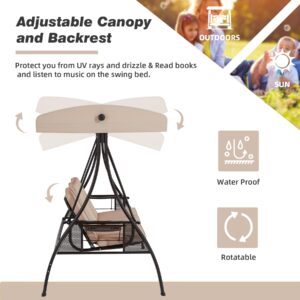 HOMREST 3 Seat Outdoor Porch Swing,Adjustable Canopy Porch Swings,Outdoor Swing with Stand, Patio Glider Chair with Thicken Cushions,Pillow & Cup Holder(Khaki)