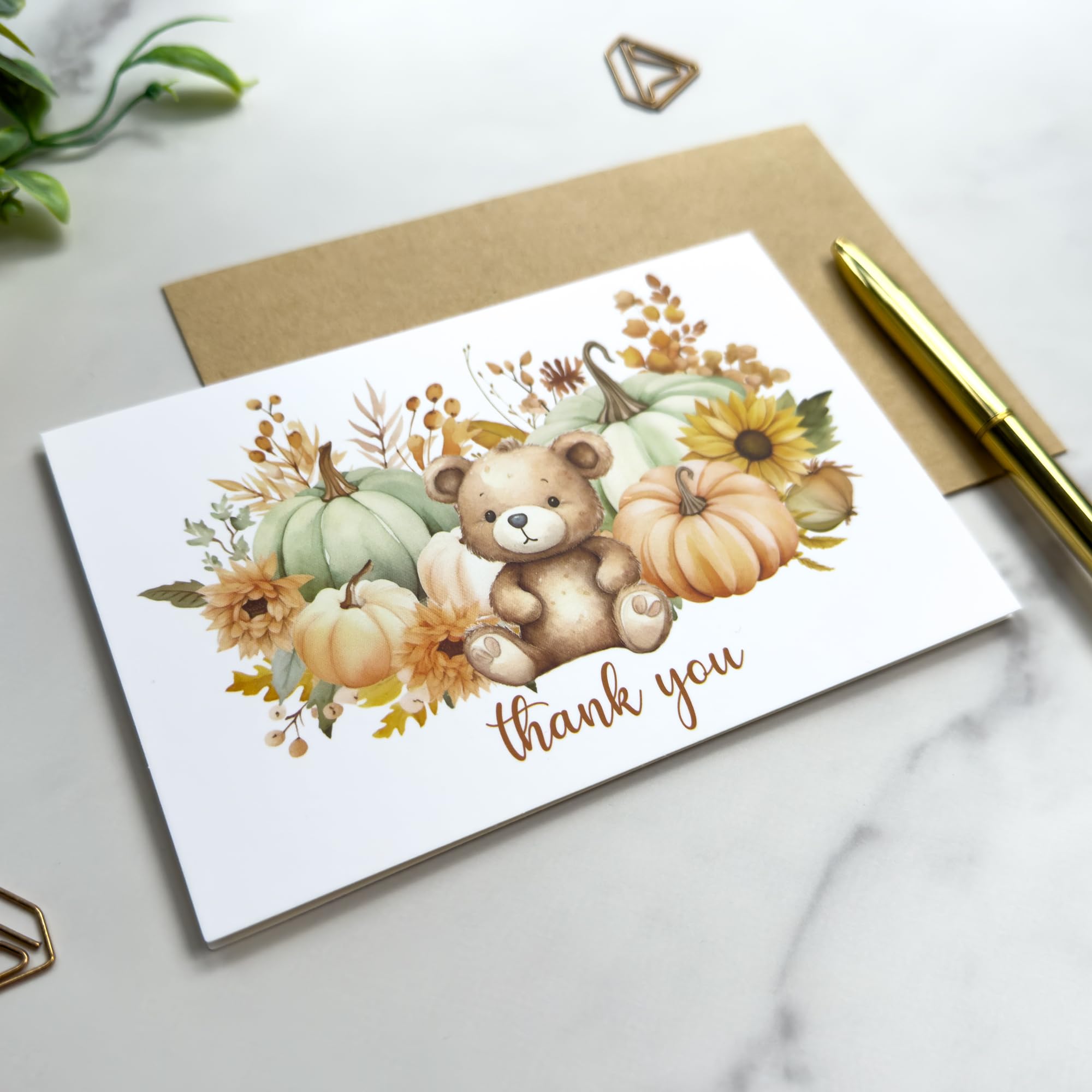 Gooji 4x6 Pumpkin Teddy Bear Thank You Cards with Envelopes Fall Baby Shower Thank You Cards Girl (Bulk 20-Pack) Birthday, Thanksgiving, Woodland,Floral, Boho, Rustic, We Can Bearly Wait