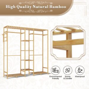 Athena Collection 59" Bamboo Garment Rack Multi Tier Clothes Rack Storage Shelves with Side Hook & Pants Rack, Heavy Duty Clothing Hanging Rack Freestanding Indoor Wardrobe Closet Organizer, Natural