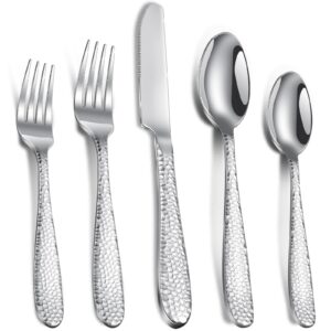 20-piece silverware set, hammered stainless steel flatware set, heavy duty cutlery set service for 4, mirror polished, smooth edges, utensil set for home and restaurant, dishwasher safe