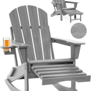 Serique Folding Adirondack Rocking Chair,4-in-1 Multifunctional Patio Chair with Retractable Ottoman, Outdoor Chair Wood Texture, Lawn Chair for Porch, Backyard, Pool(Grey)