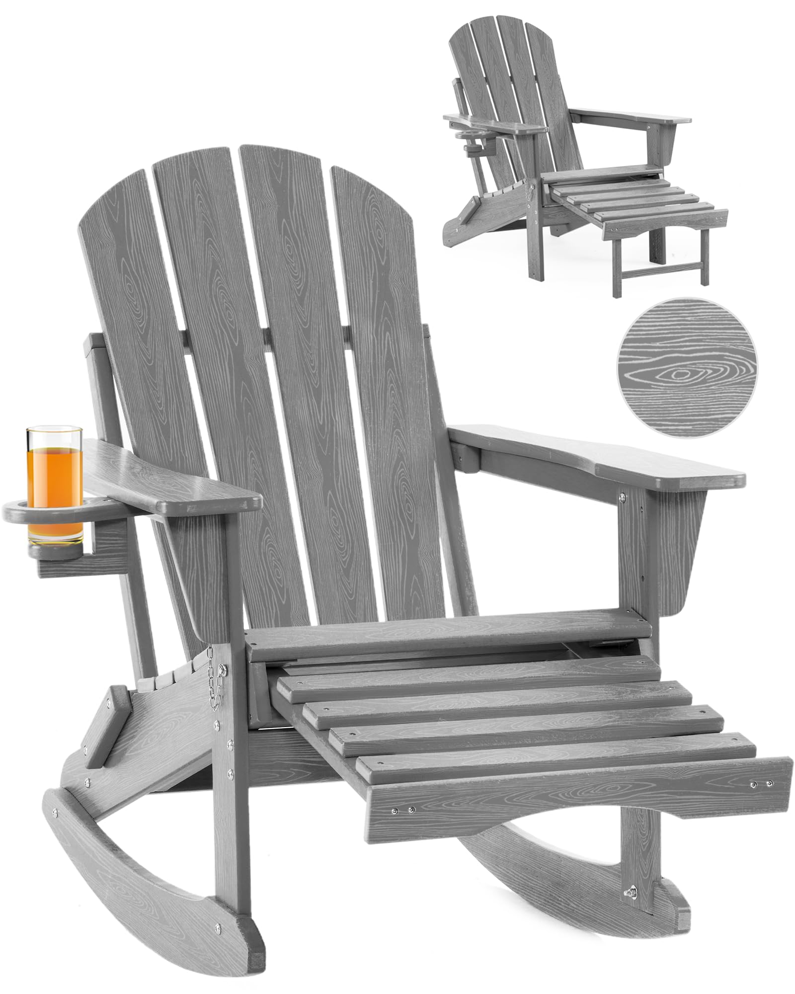 Serique Folding Adirondack Rocking Chair,4-in-1 Multifunctional Patio Chair with Retractable Ottoman, Outdoor Chair Wood Texture, Lawn Chair for Porch, Backyard, Pool(Grey)