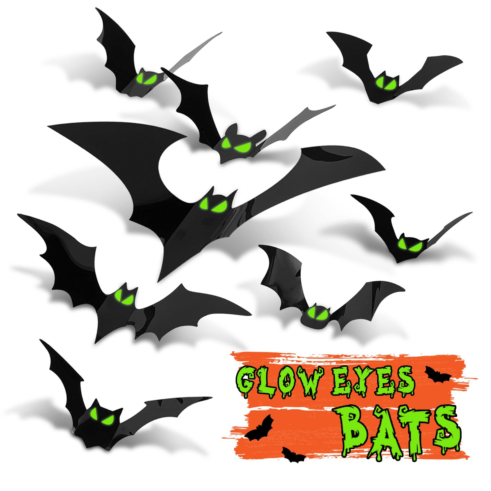 Halloween Decorations Indoor - Bats Halloween Decorations Plastic Spooky Scary 3D Bats for Halloween Party Bathroom Kitchen Home Room Outdoor Wall Glow Eyes Bats Stickers Gothic Decor 56 Pcs