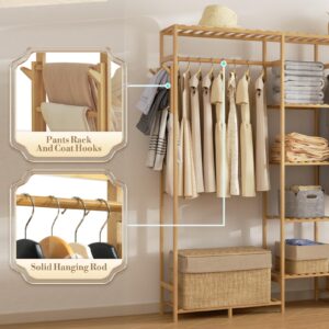 Athena Collection 59" Bamboo Garment Rack Multi Tier Clothes Rack Storage Shelves with Side Hook & Pants Rack, Heavy Duty Clothing Hanging Rack Freestanding Indoor Wardrobe Closet Organizer, Natural