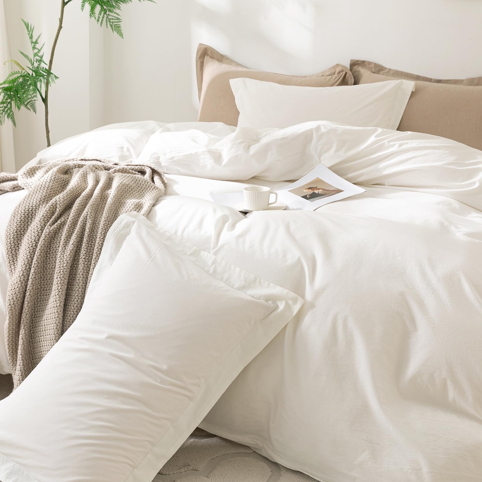 BDEAR Linen Feel Duvet Cover Queen Size, 100% Washed Cotton Comforter Cover Size 90x90inch with Zipper Closure and 2 Pillowcases, Solid-Off White