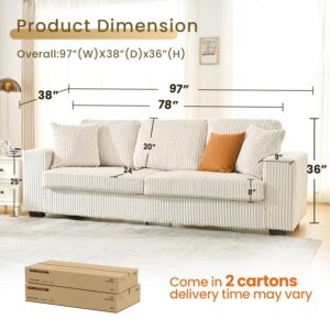 97 in Sofa Couch, Big Comfy Couch for Living Room, Cloud Couch with Oversized Armchair, Small Sofa with 24 in Deep Seat, Velvet Couch for Home and Apartment, Modern Couch, 3 Seater Couch, Beige