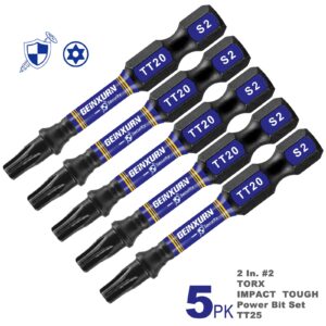 Geinxurn 5 Pieces T20 Hollow 2 In. Impact Tough Magnetic Insert Bit Set, #20 Security Torx Head Power Bits, S2 Alloy Steel Star T20 Screwdriver Bits Set