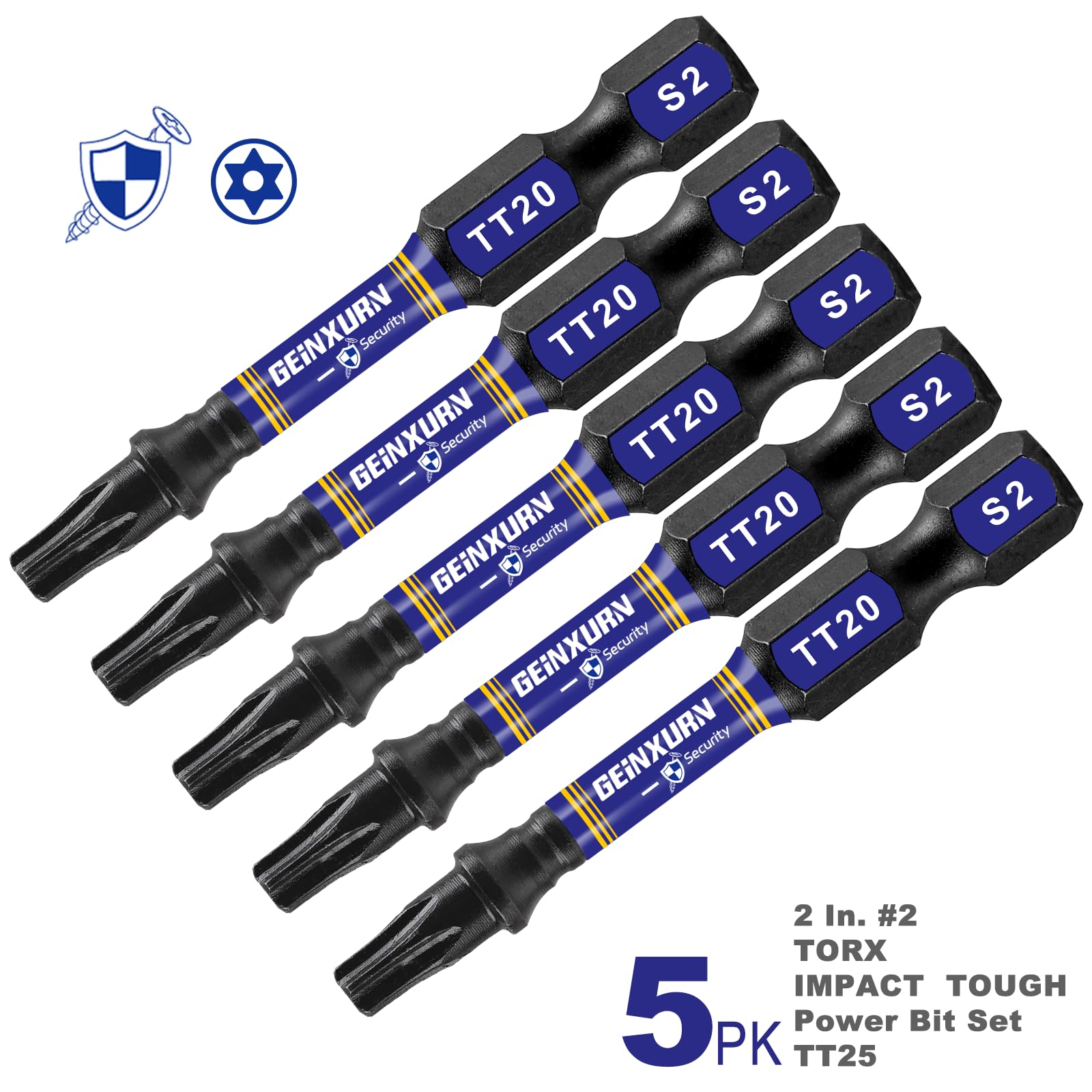 Geinxurn 5 Pieces T20 Hollow 2 In. Impact Tough Magnetic Insert Bit Set, #20 Security Torx Head Power Bits, S2 Alloy Steel Star T20 Screwdriver Bits Set