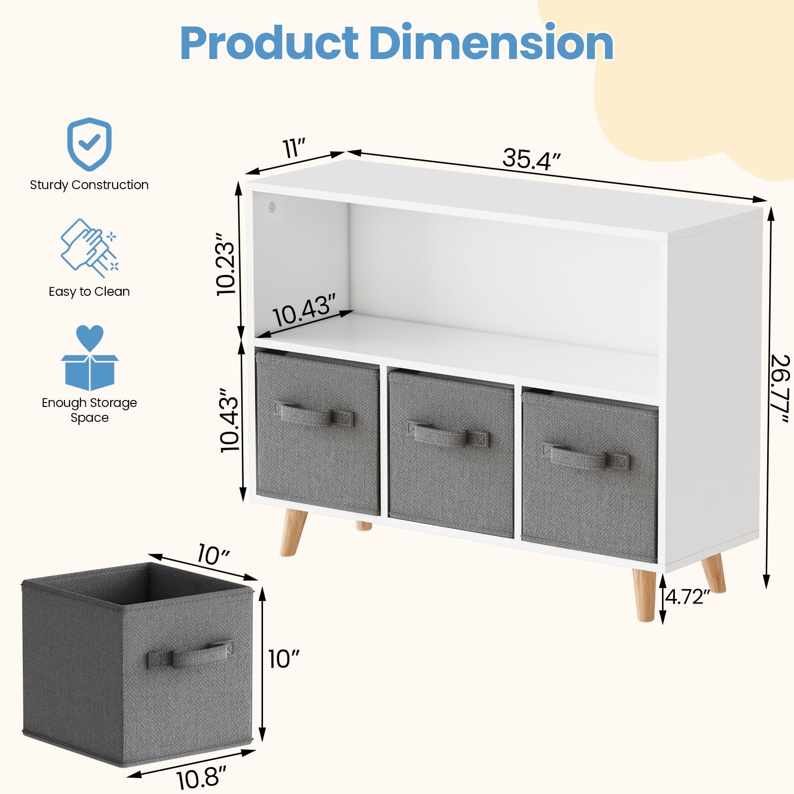 AWQM Kids Bookshelf with 3 Drawers, Toy Storage Organizer, Multi-Functional Cabinet Organizer for Playroom, Nursery and Bedroom, Gray